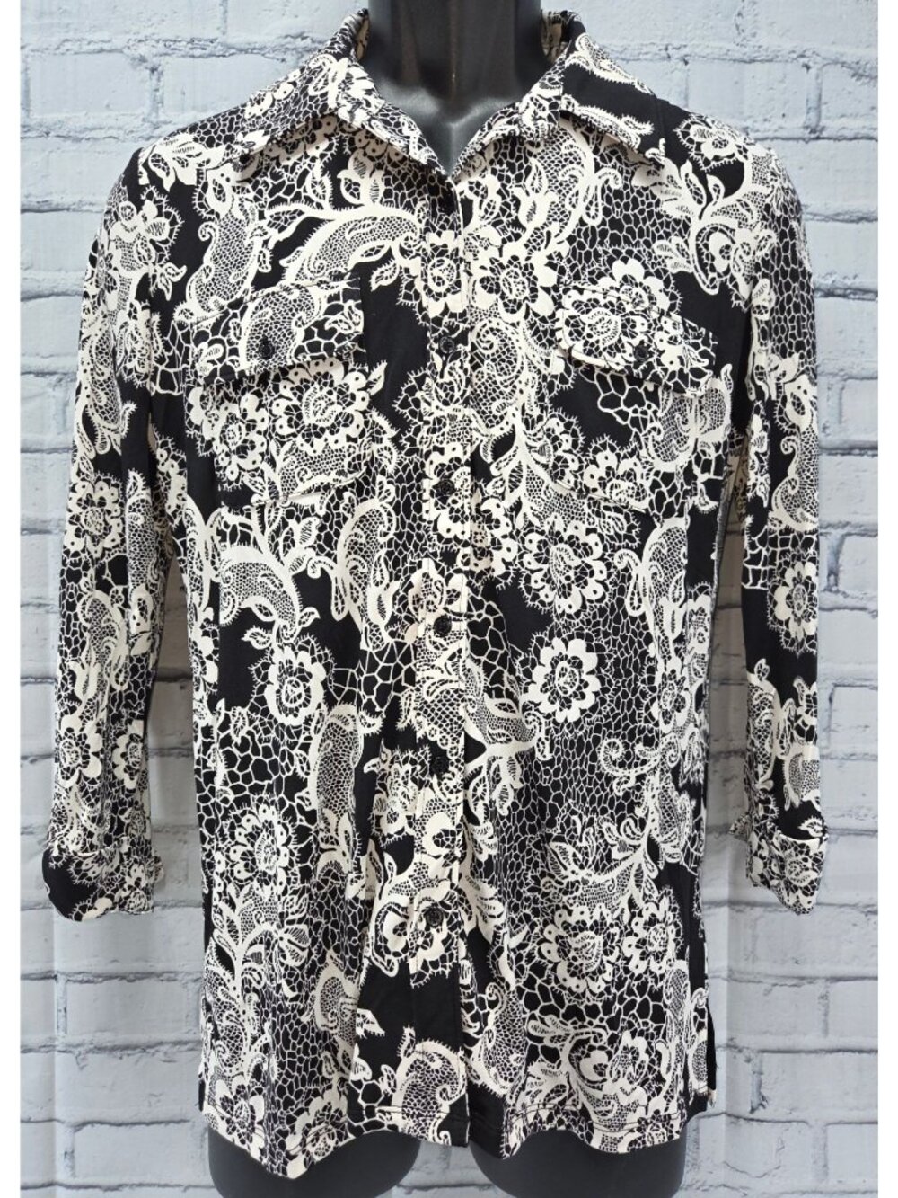 Karl Lagerfeld Paris Womens Black Floral Button-Up Blouse Small